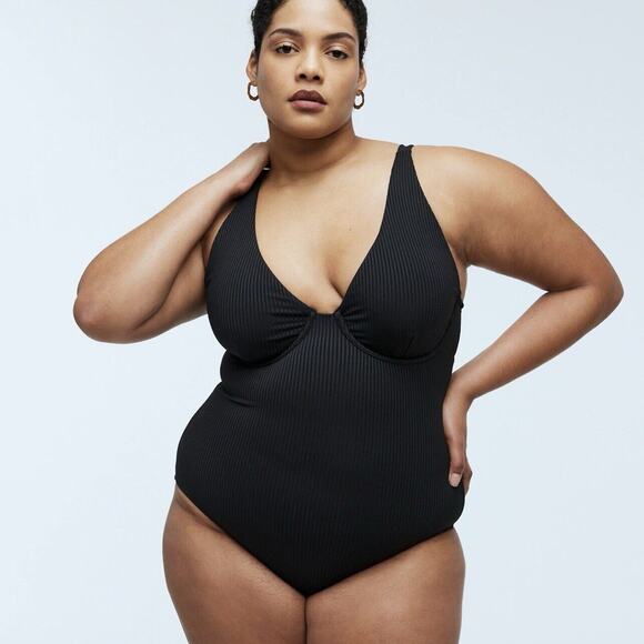 Madewell Swimsuit Womens XS Plus Ribbed Underwire Open Back One Piece Black Pool - Picture 1 of 14